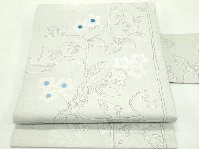 平和屋本店■極上　九寸名古屋帯　草花文　灰黄緑色地　逸品　未使用　CZAA2699s5