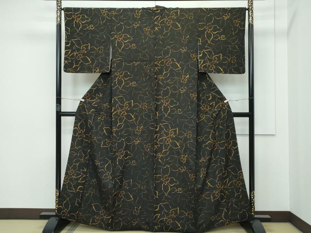 平和屋本店■極上　紬　草花文　黒地　逸品　CZAA2780s5