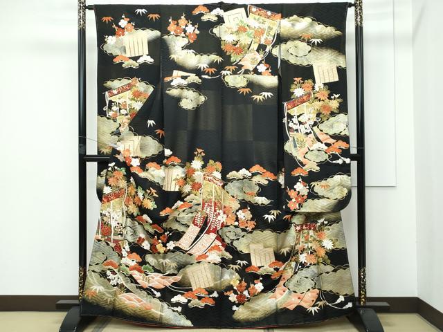 平和屋本店■極上　振袖　駒刺繍　雲取り几帳花文　黒地　金通し地　逸品　CZAA2787s5