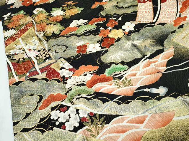 平和屋本店□極上 振袖 駒刺繍 雲取り几帳花文 黒地 金通し 