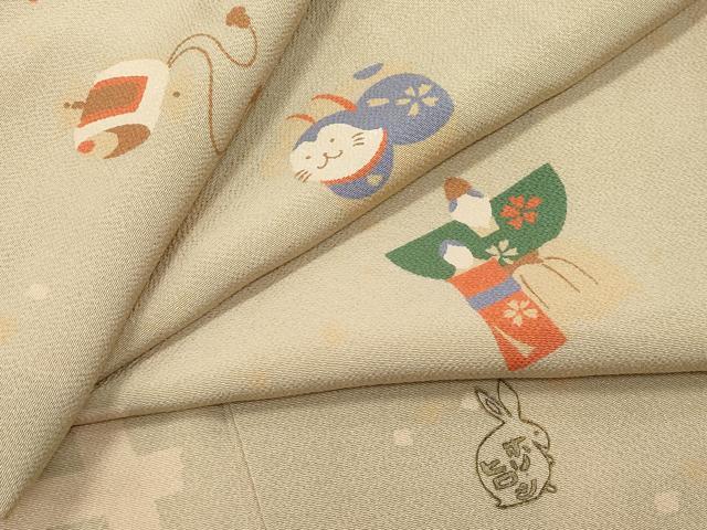 平和屋本店■極上　人形作家・ホリヒロシ　小紋　玩具尽くし　鬼しぼ縮緬　枯色地　逸品　CZAA2802s5