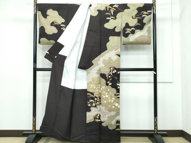 平和屋本店●極上　十日町　名門青柳高級ブランド　大喜百花　訪問着　駒刺繍　絞り　霞花松文　金彩　憲法黒茶色地　逸品　CZAA2812s5_1