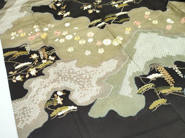 平和屋本店●極上　十日町　名門青柳高級ブランド　大喜百花　訪問着　駒刺繍　絞り　霞花松文　金彩　憲法黒茶色地　逸品　CZAA2812s5_3