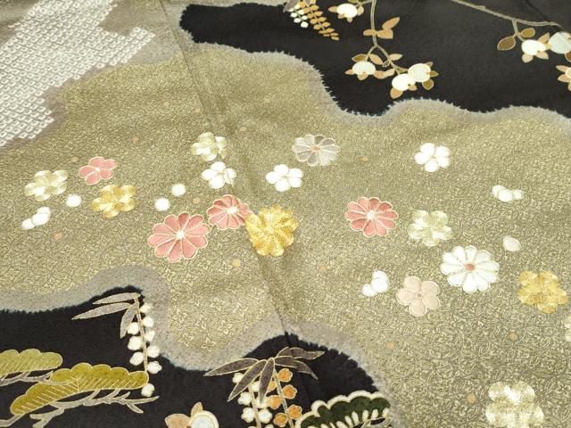 平和屋本店●極上　十日町　名門青柳高級ブランド　大喜百花　訪問着　駒刺繍　絞り　霞花松文　金彩　憲法黒茶色地　逸品　CZAA2812s5_2
