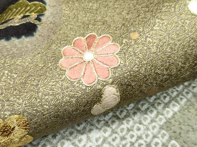 平和屋本店●極上　十日町　名門青柳高級ブランド　大喜百花　訪問着　駒刺繍　絞り　霞花松文　金彩　憲法黒茶色地　逸品　CZAA2812s5_6