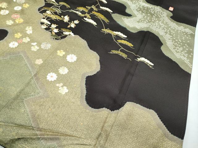 平和屋本店●極上　十日町　名門青柳高級ブランド　大喜百花　訪問着　駒刺繍　絞り　霞花松文　金彩　憲法黒茶色地　逸品　CZAA2812s5_4
