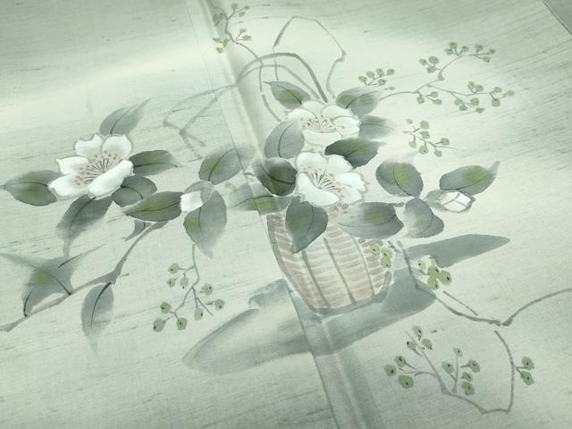 平和屋本店■極上　訪問着　作家物　白山紬地　手描き　花籠文　青白橡色地　反端付き　逸品　CZAA2828s5 平和屋本店□極上 訪問着 作家物 白山紬地 手描き 花籠文