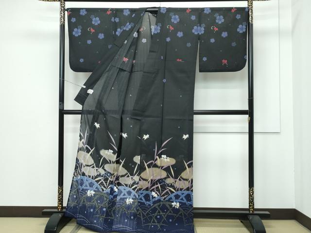 平和屋着物■極上　夏物　訪問着・半幅帯セット　ANNA SUI　セオアルファ　籬草花文　金魚　黒地　洗える着物　CZAA2886s5_1