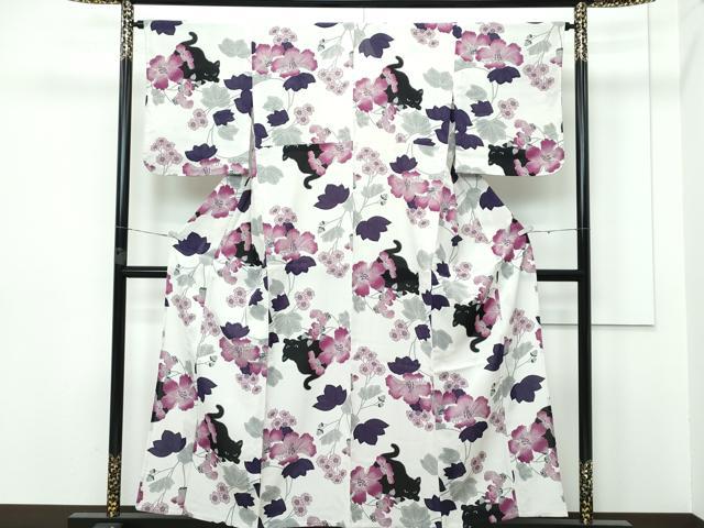 平和屋着物■極上　夏物　撫松庵　セオアルファ　小紋・浴衣兼用　黒猫　草花文　洗える着物　逸品　CZAA2887s5