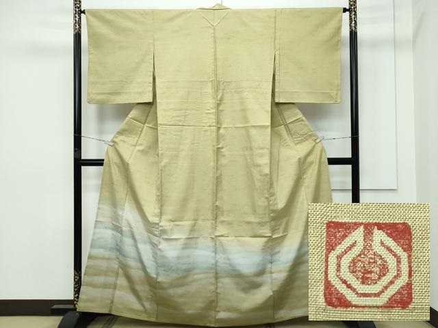 平和屋着物■極上　石川県指定無形文化財　牛首紬　白山工房　手織り　訪問着　単衣　霞文　桑染色地　逸品　CZAA2950s5