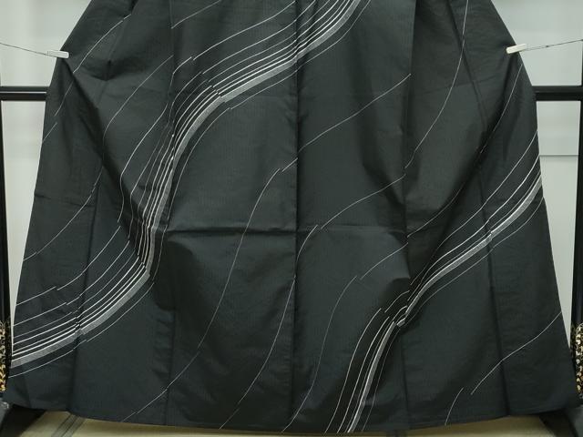 平和屋本店▽極上 訪問着 単衣 紬地 総刺繍 刺し子 流線文 黒地 逸品