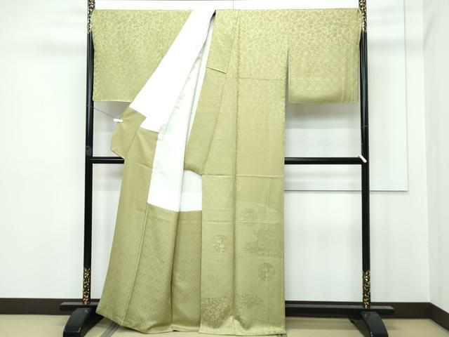 平和屋着物□極上 無地絵羽訪問着 唐織 黄海松茶色 流水草花