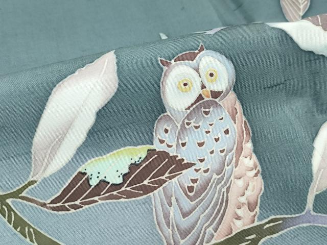 平和屋本店■極上　本加賀友禅作家　魚津誠　訪問着　白山紬　フクロウ　柳煤竹色地　さが美扱い　証紙付き　逸品　CZAA2999s5 平和屋本店□極上 本加賀友禅作家 魚津誠 訪問着 白山紬 フクロウ