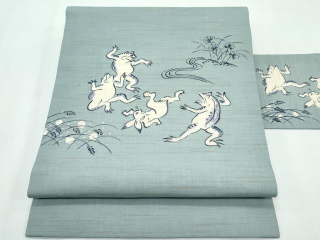 平和屋着物■極上　夏物　九寸名古屋帯　藍　手描き　鳥獣戯画　深川鼠色地　麻　逸品　CZAA3062s5