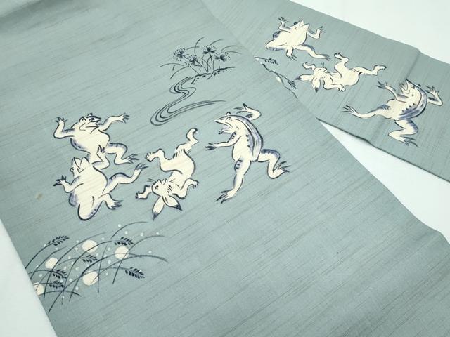 平和屋着物■極上　夏物　九寸名古屋帯　藍　手描き　鳥獣戯画　深川鼠色地　麻　逸品　CZAA3062s5_1