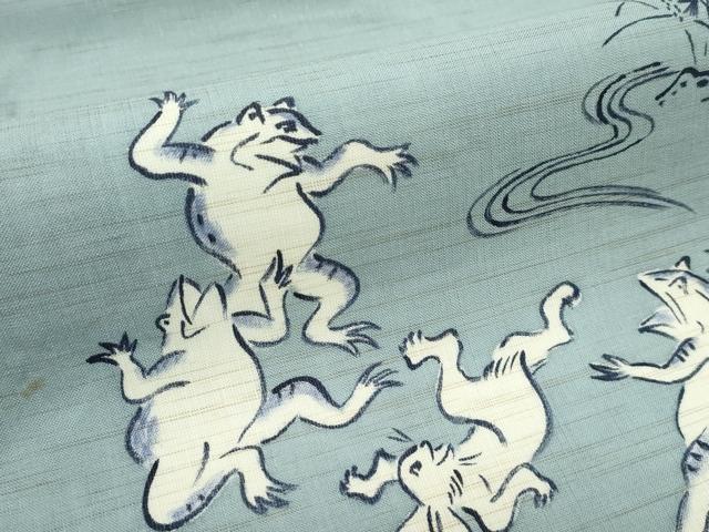 平和屋着物■極上　夏物　九寸名古屋帯　藍　手描き　鳥獣戯画　深川鼠色地　麻　逸品　CZAA3062s5_2