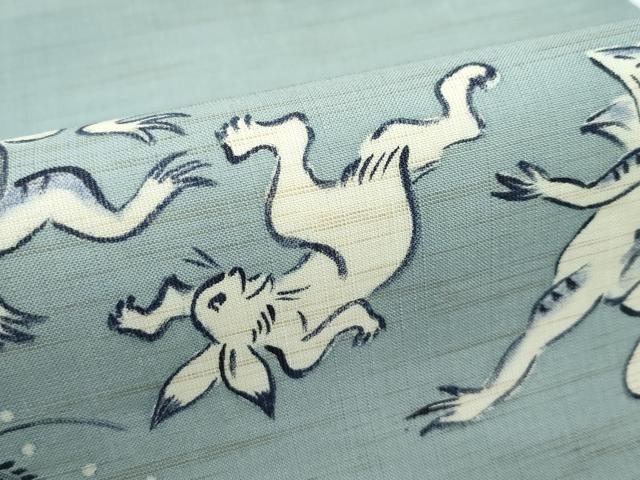平和屋着物■極上　夏物　九寸名古屋帯　藍　手描き　鳥獣戯画　深川鼠色地　麻　逸品　CZAA3062s5_3