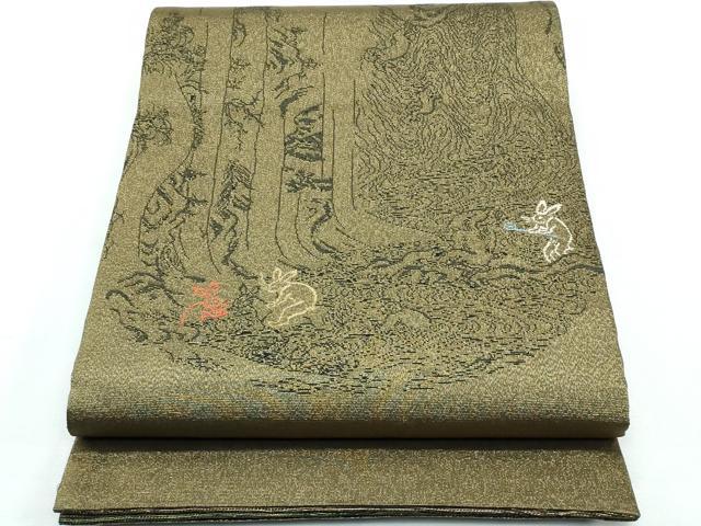 平和屋着物■極上　両面　太鼓柄袋帯　スリーシーズン　春夏秋　刺繍　納戸　鳥獣戯画　金糸　逸品　CZAA3079s5