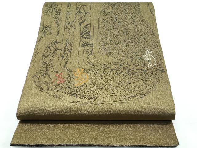 平和屋着物■極上　両面　太鼓柄袋帯　スリーシーズン　春夏秋　刺繍　黄丹　鳥獣戯画　金糸　逸品　CZAA3080s5