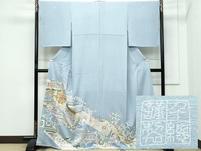 値下げしました。受賞柄唐花紗博多①グレーベース 美品長尺 華徒然×吉木千沙都振袖ネットレンタル ベージュ 桜柄/ボタン柄