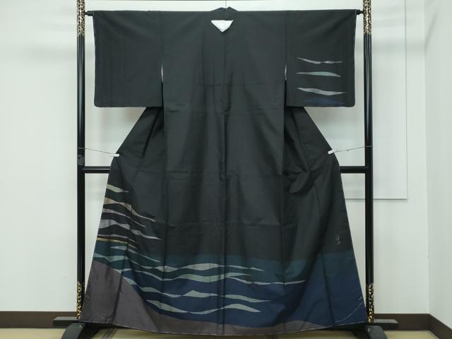 平和屋着物■極上　能州紬　絲藝苑　上島洋山　訪問着　霞文　黒地　ますいわ屋扱い　逸品　未使用　CZAA3131s5