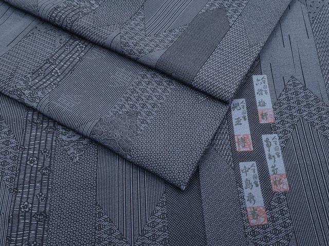 平和屋着物■極上 人間国宝 初代 六谷梅軒(六谷紀久男) 南部芳松 児玉博 中島秀吉 江戸小紋 矢羽文様 夢 紫黒色地 逸品 CZAA3143s5