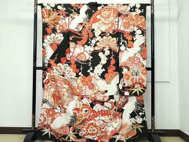 平和屋本店□極上 アンティーク 大正ロマン 振袖 駒刺繍 御所車檜扇飛鶴