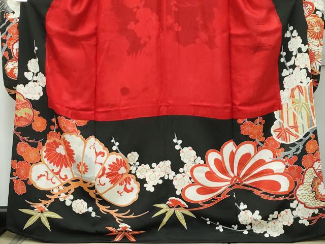 平和屋着物■極上　アンティーク　大正ロマン　振袖　駒刺繍　御所車花鳥文　黒地　金彩　逸品　DZAB1014kh5 平和屋着物□極上 アンティーク 大正ロマン 振袖 駒刺繍 御所車花鳥文