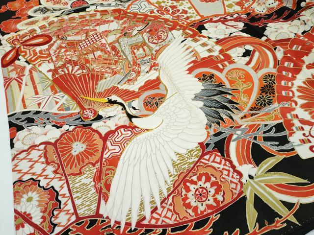 平和屋本店□極上 アンティーク 大正ロマン 振袖 駒刺繍 御所車檜扇飛鶴