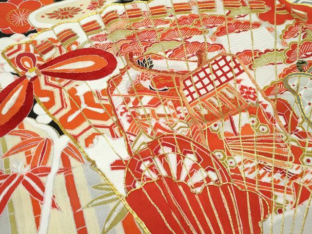 平和屋本店○極上 アンティーク 大正ロマン 振袖 駒刺繍 御所車檜扇飛