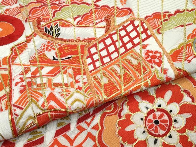 平和屋本店○極上 アンティーク 大正ロマン 振袖 駒刺繍 御所車檜扇飛