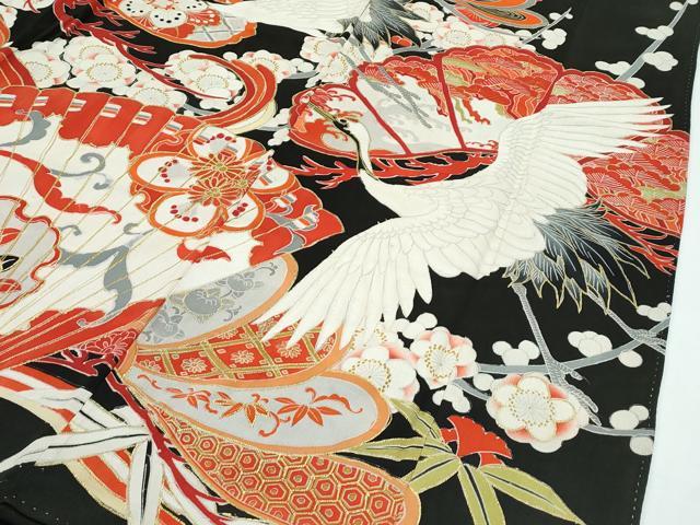平和屋本店□極上 アンティーク 大正ロマン 振袖 駒刺繍 御所車檜扇飛鶴