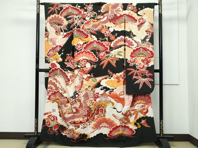 平和屋本店■極上　アンティーク　大正ロマン　振袖　駒刺繍　飛鶴風景花松文　黒地　金彩　逸品　CZAA3248s5