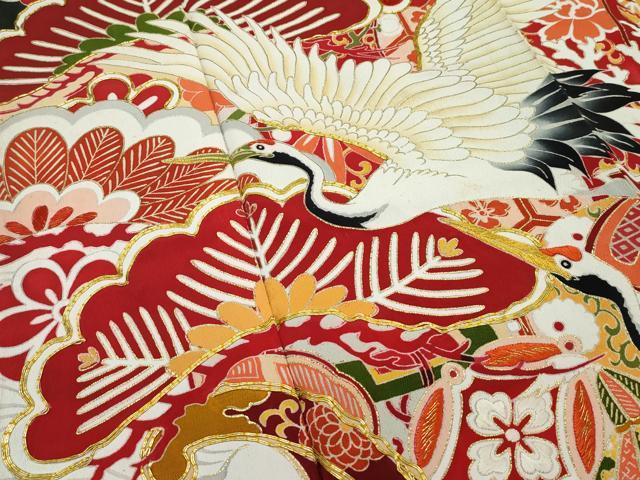 平和屋本店■極上　アンティーク　大正ロマン　振袖　駒刺繍　飛鶴風景花松文　黒地　金彩　逸品　CZAA3248s5 平和屋本店□極上 アンティーク 大正ロマン 振袖 駒刺繍 飛鶴風景花松文