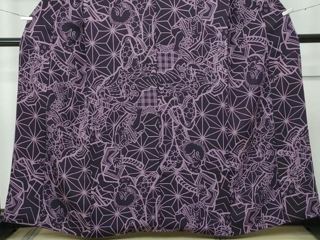 平和屋本店□極上 小紋 歌舞伎 麻の葉文様 鬼しぼ縮緬 紫黒色地