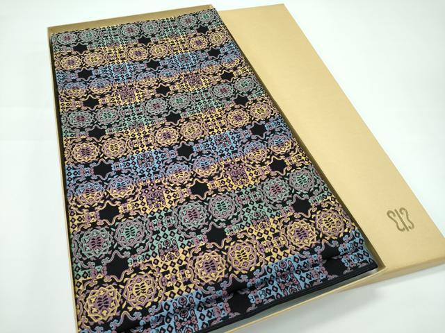 平和屋本店□極上 西陣 川島織物 六通柄袋帯 唐織 小紋格子 黒地