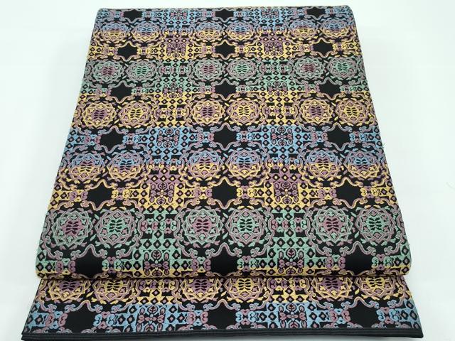 平和屋本店□極上 西陣 川島織物 六通柄袋帯 唐織 小紋格子 黒地 共箱