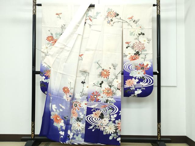 平和屋本店■極上　夏物　アンティーク　大正ロマン　振袖　流水菊文　暈し染め　金銀彩　逸品　CZAA3314s5 平和屋本店□極上 夏物 アンティーク 大正ロマン 振袖 流水菊文 暈し染め