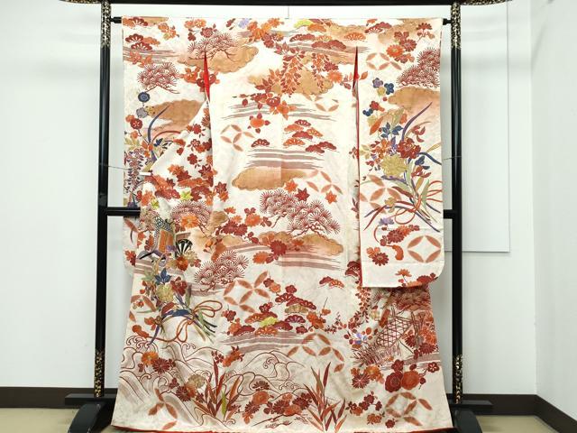 平和屋着物■極上　アンティーク　大正ロマン　振袖　駒刺繍　御所車風景草花文　暈し染め　金彩　逸品　CZAA3315s5