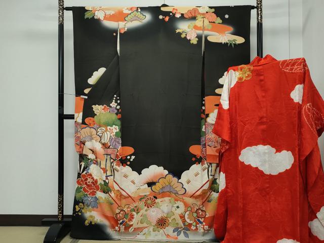 平和屋着物■極上　アンティーク　大正ロマン　振袖・長襦袢セット　駒刺繍　御所車檜扇花文　暈し染め　黒地　金彩　逸品　CZAA3321s5