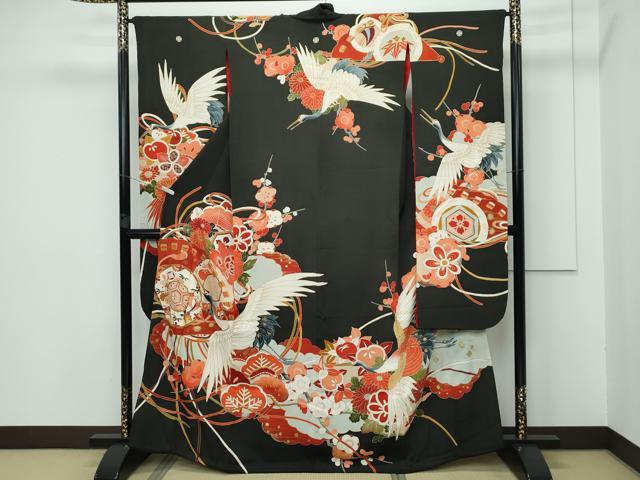 平和屋本店■極上　アンティーク　大正ロマン　振袖　駒刺繍　鏡裏飛鶴花文　金彩　逸品　CZAA3322s5