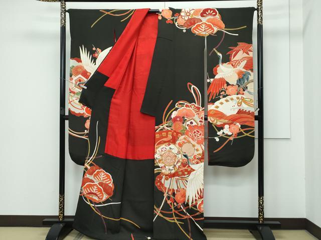 平和屋本店□極上 アンティーク 大正ロマン 振袖 駒刺繍 鏡裏飛鶴花