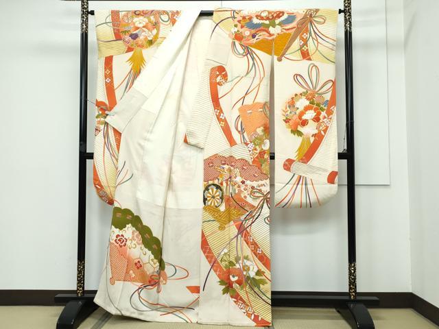 平和屋本店□極上 アンティーク 大正ロマン 振袖 駒刺繍 檜扇吉祥花文