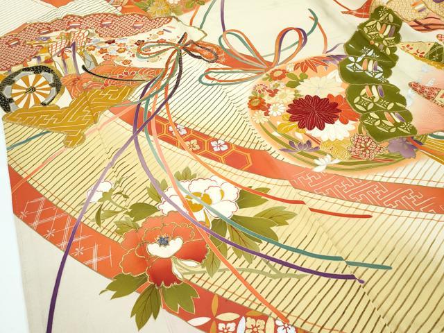 平和屋本店□極上 アンティーク 大正ロマン 振袖 駒刺繍 檜扇吉祥花文