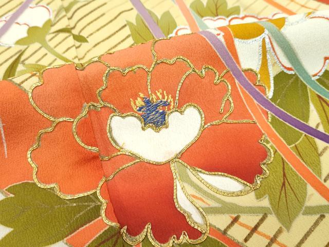 平和屋本店□極上 アンティーク 大正ロマン 振袖 駒刺繍 檜扇吉祥花文