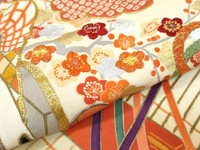 平和屋本店□極上 アンティーク 大正ロマン 振袖 駒刺繍 檜扇吉祥花文