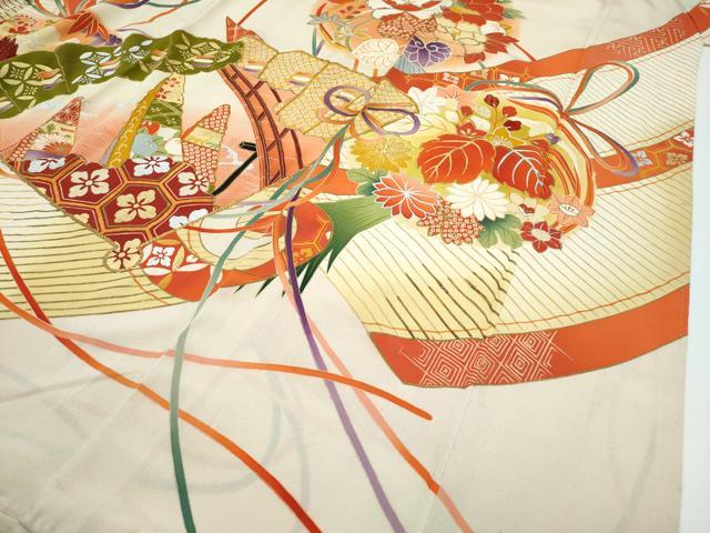 アンティーク着物　二尺袖大正ロマン　小振袖　駒刺繍　檜扇吉祥花文　正絹 アンティーク着物 二尺袖大正ロマン 小振袖 駒刺繍 檜扇吉祥花文