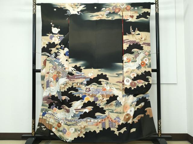 平和屋本店■極上 アンティーク 大正ロマン 振袖 駒刺繍 中国三大刺繍 相良刺繍 御所車飛鶴風景文 暈し染め 黒地 逸品 CZAA3326s5