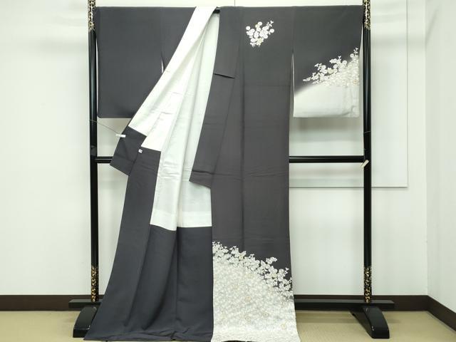 平和屋本店■極上　訪問着　総刺繍　中国三大刺繍　相良刺繍　菊　暈し染め　金糸　消炭色地　逸品　CZAA3361s5 平和屋本店□極上 訪問着 総刺繍 中国三大刺繍 相良刺繍 菊