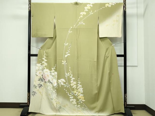 平和屋本店■極上　京友禅　光永正美　訪問着　草花文　たたき染め　根岸色地　逸品　CZAA3404s5